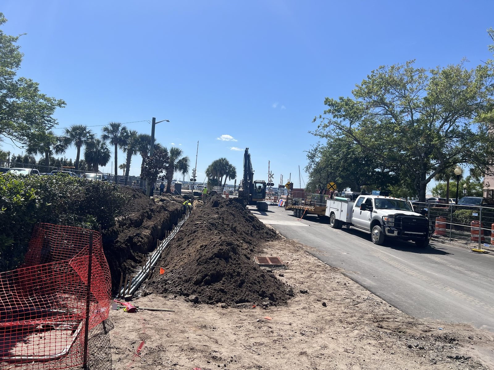 Underground electrical conduit trench along the marina — City of Fernandina project by Trade Pro Services